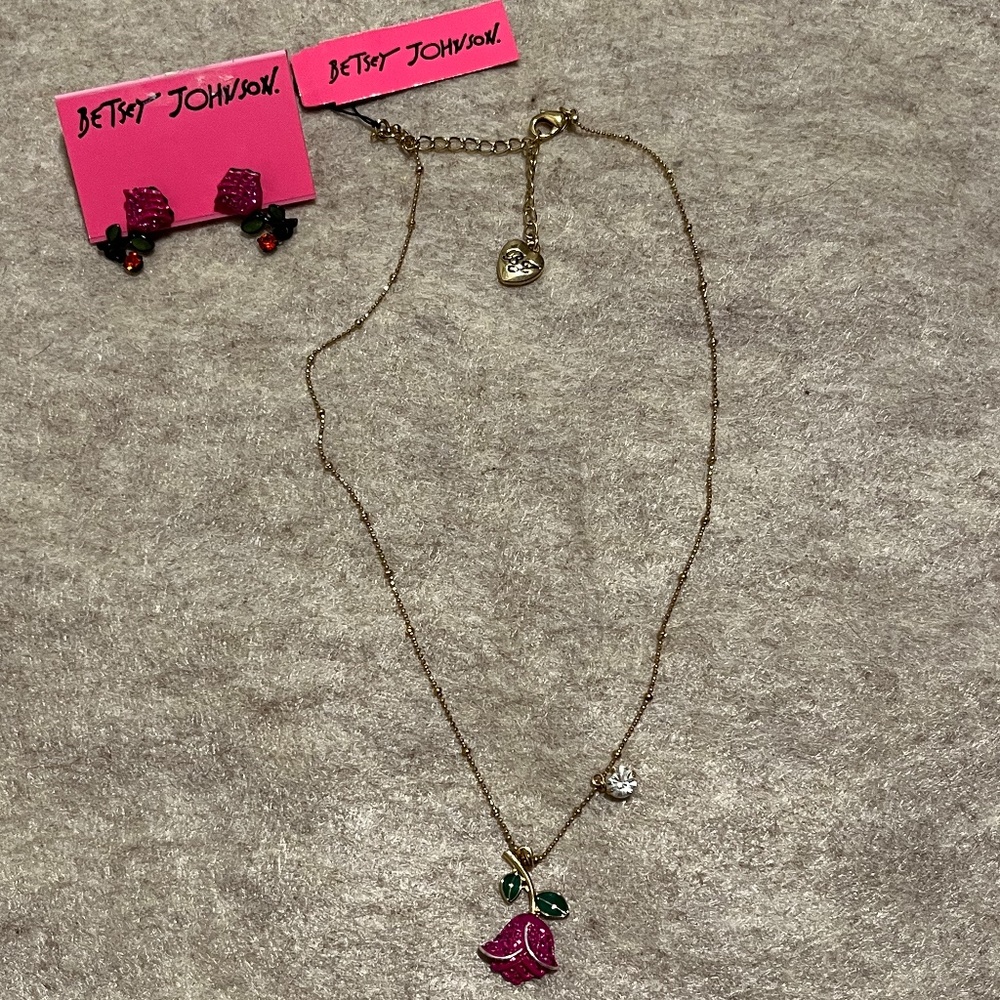 Vintage Betsey Johnson Sparkling Rose Necklace and Earrings Set